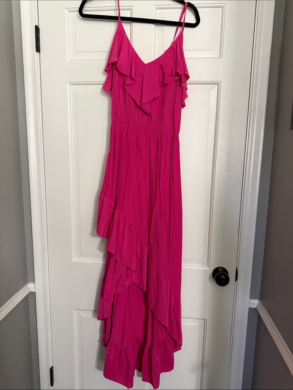 eesome Hot Pink Ruffle Maxi Dress - Spaghetti Straps V-Neck